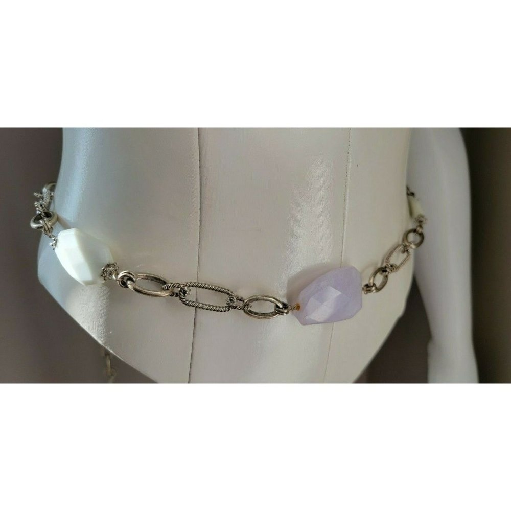 Chico's Stone Adjustable Long Silver Tone Chain Belt Quartz White Stones